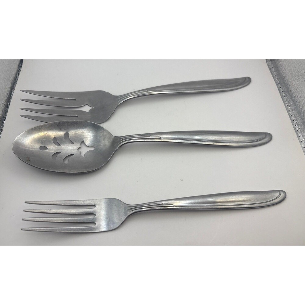 Vintage Oneida Stainless Salad Serving Set 3 Piece Fork Spoon Mid Century